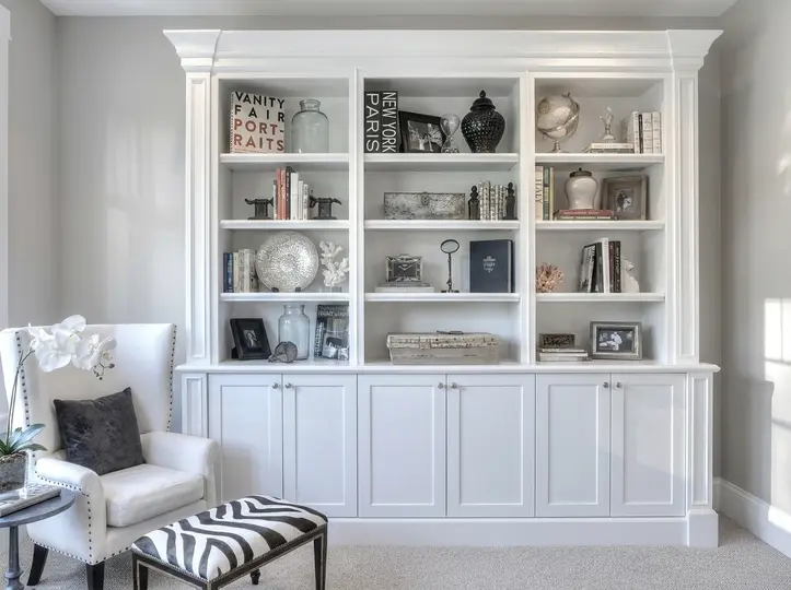 White built-in bookcase with glass upper doors, styled books and objects, and lower cabinet doors flanking a seating nook