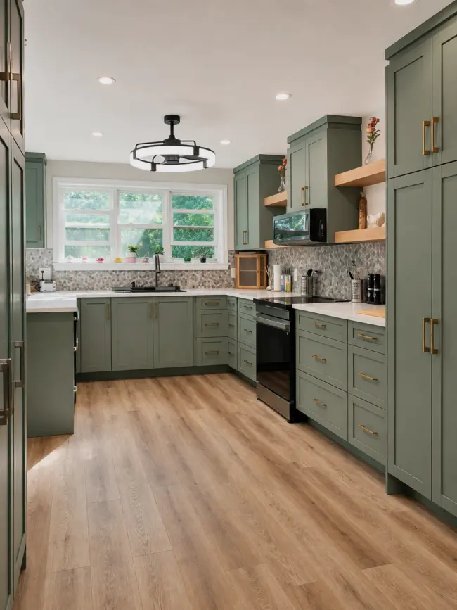 Sage green shaker kitchen with floor-to-ceiling larder cabinets, brass pulls, a mosaic tile backsplash and white quartz counters