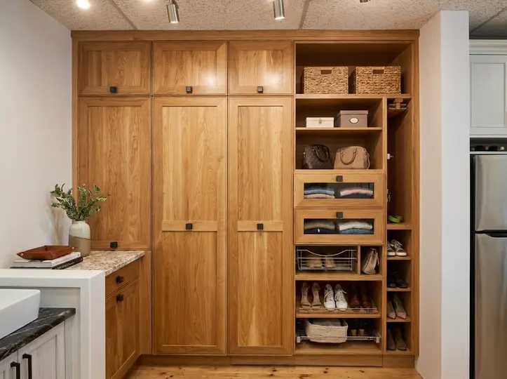 Floor-to-ceiling natural-oak storage wall with open cubbies for baskets and shoes
