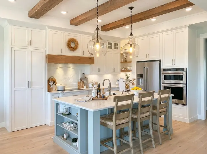 Light-blue island paired with white pre-fab cabinets, exposed wood ceiling beams, glass pendants and cane-back stools