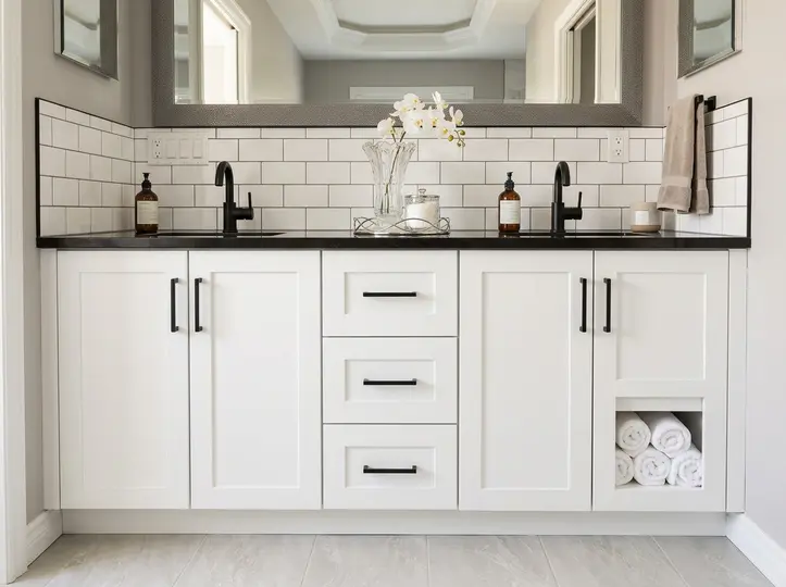 White shaker double vanity with black cup pulls, a black stone countertop and towel cubby against a white subway-tile wall