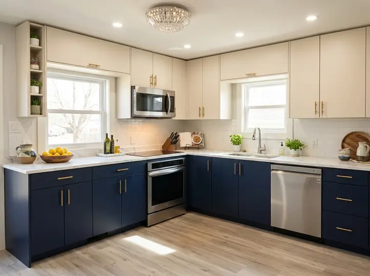 Repaired white upper cabinets paired with navy shaker lowers, stainless appliances and brass pulls