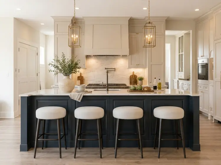 White kitchen with navy blue island, marble countertops, and brass pendant lighting by King Cabinetry