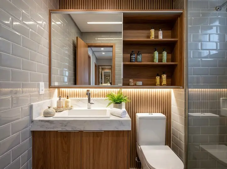 Recessed walnut medicine cabinet with a mirrored door and open side shelves above a floating marble vanity in a grey subway-tile bathroom