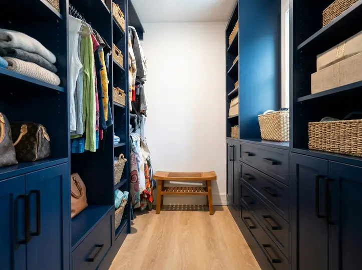 Navy walk-in closet with open shelving, drawer islands and hanging rods lit with warm accent lighting