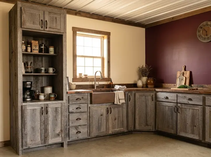 Grey barn-wood kitchen with a reclaimed plank ceiling, copper apron sink and open wine-glass storage