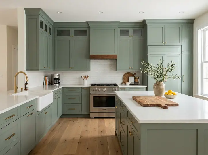 Sage green shaker farmhouse kitchen with brass pulls, apron sink, white counters and an open beam ceiling