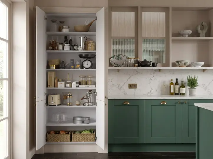 Tall walk-in larder with a drawer bank, quartz counter, small appliances and open shelving next to green base cabinets