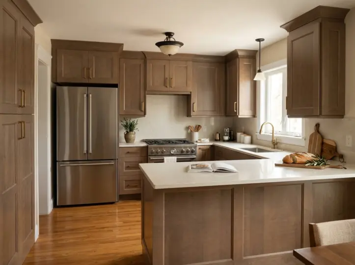 Warm-stained oak kitchen with solid-wood shaker cabinetry, quartz counters and stainless appliances