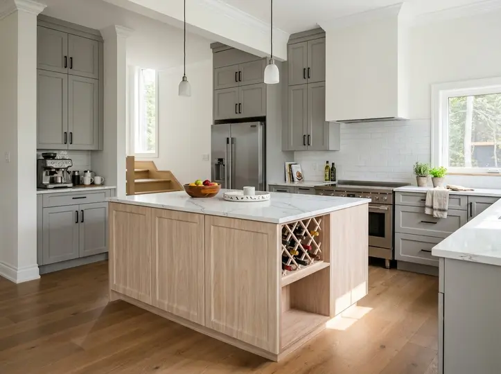 Renovated grey shaker kitchen with a light-oak island featuring a built-in wine cubby and stainless appliances