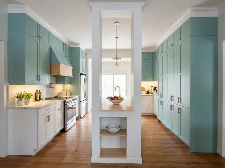 Freshly painted teal-blue cabinetry running down both sides of a pass-through kitchen with a white shiplap accent wall