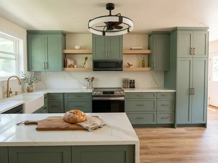 Sage green shaker kitchen with floating wood shelves, a marble waterfall island and a rattan pendant
