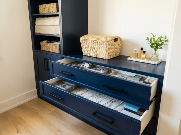 Navy laundry-room base cabinet with two open drawers running on smooth glides and holding folded linens